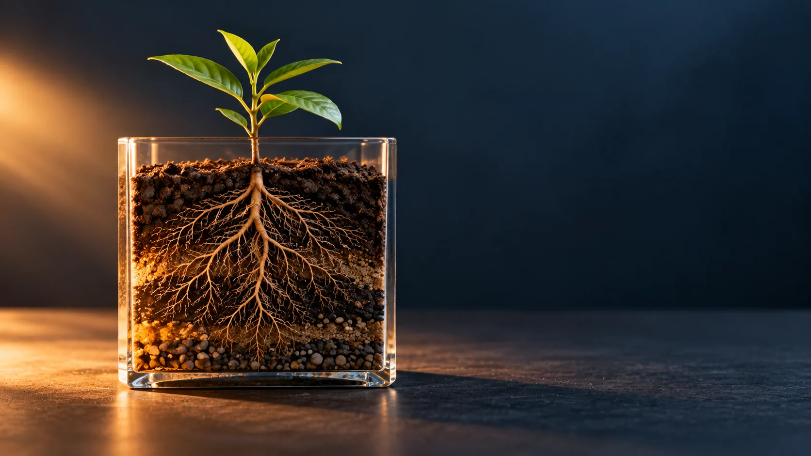 A seedling with deep roots in layered soil, standing for a startup built on market evidence