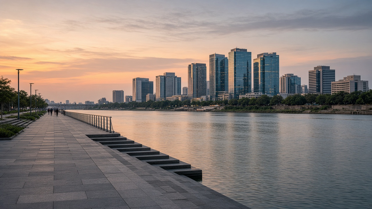 Sabarmati riverfront and the Ahmedabad commercial skyline