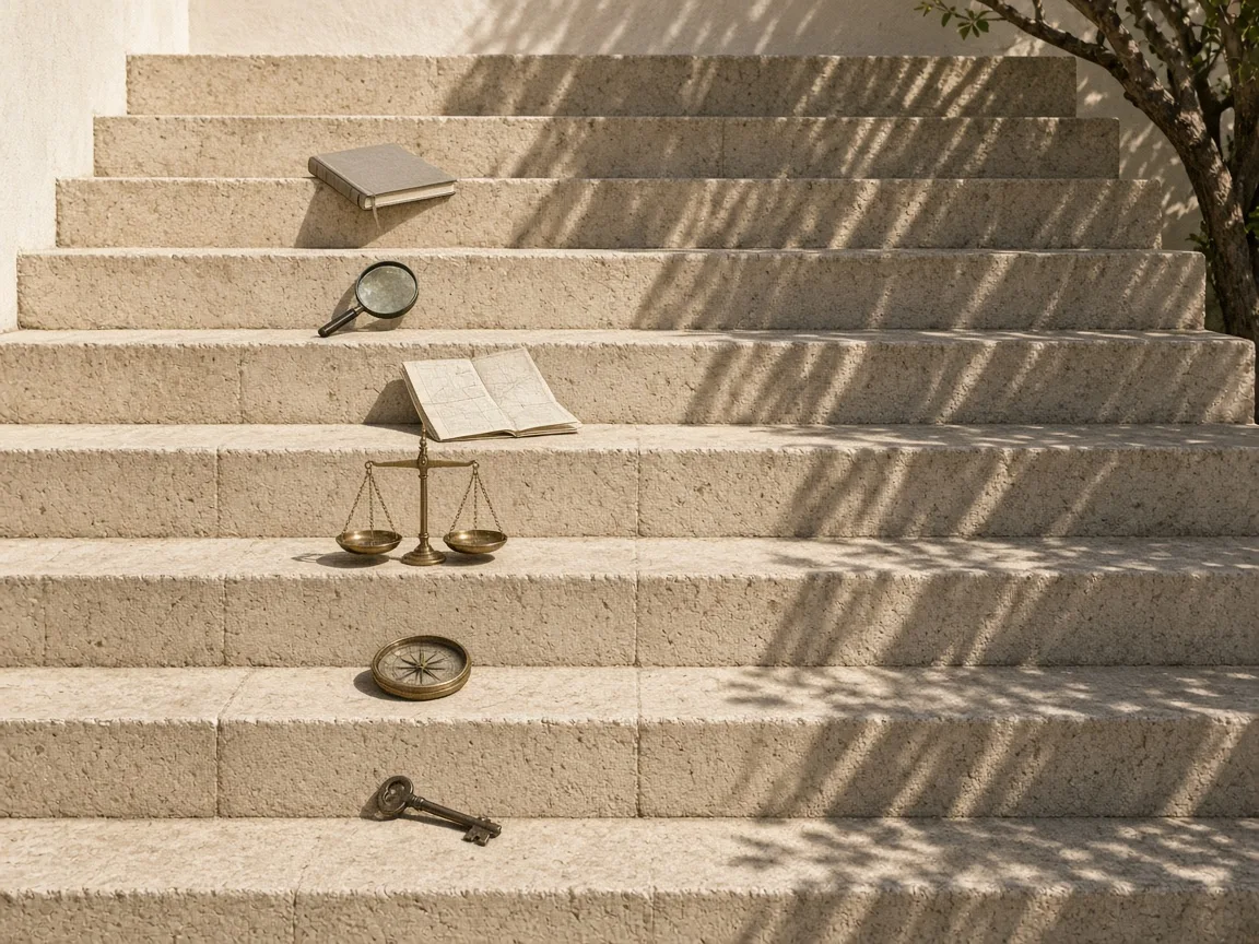 Six courtyard steps, each holding one object from a notebook to a key