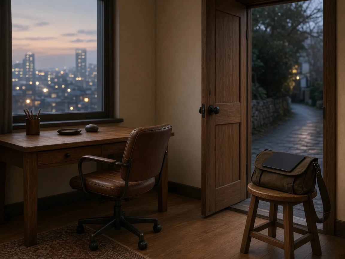 A boardroom looking over a city, beside an open door onto a lane with a field bag and tablet