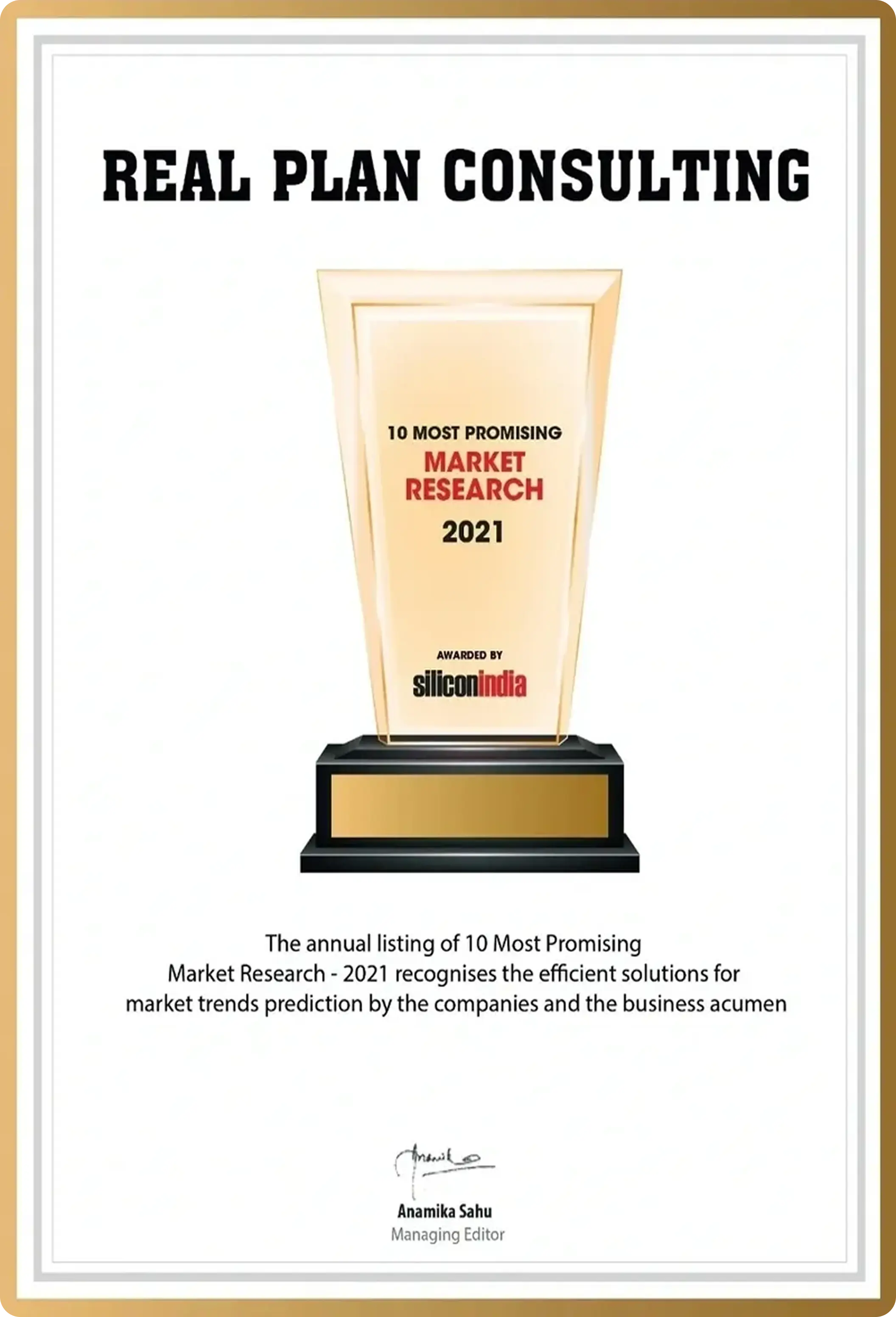 Real Plan Consulting award certificate