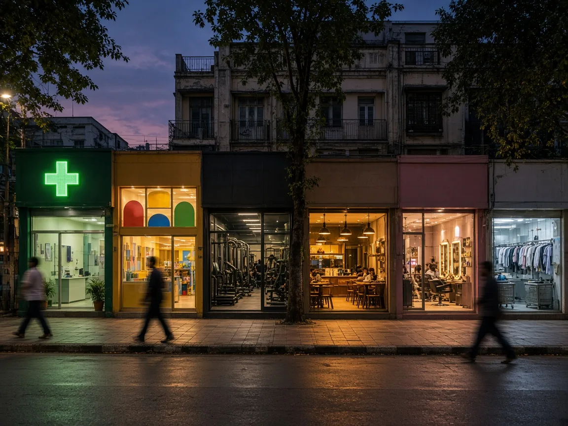 A dusk street of a clinic, preschool, gym, cafe, salon and laundry side by side