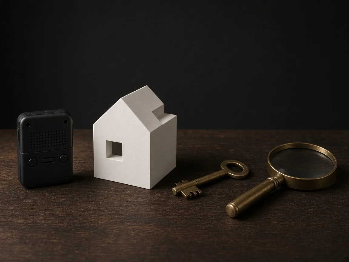 A voice recorder, a small white building model, a brass key, and a magnifying glass