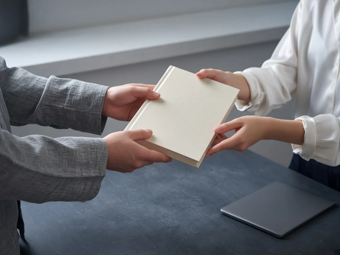 Two people exchanging a bound report across a slate desk