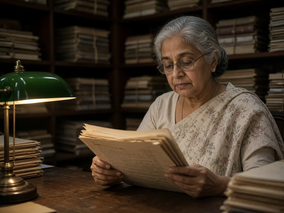 An archivist reading a thick file under a green lamp before a franchise decision