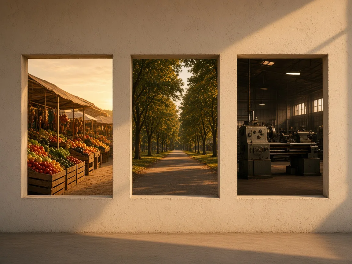 Three doorways opening onto a market, a residential lane, and a factory