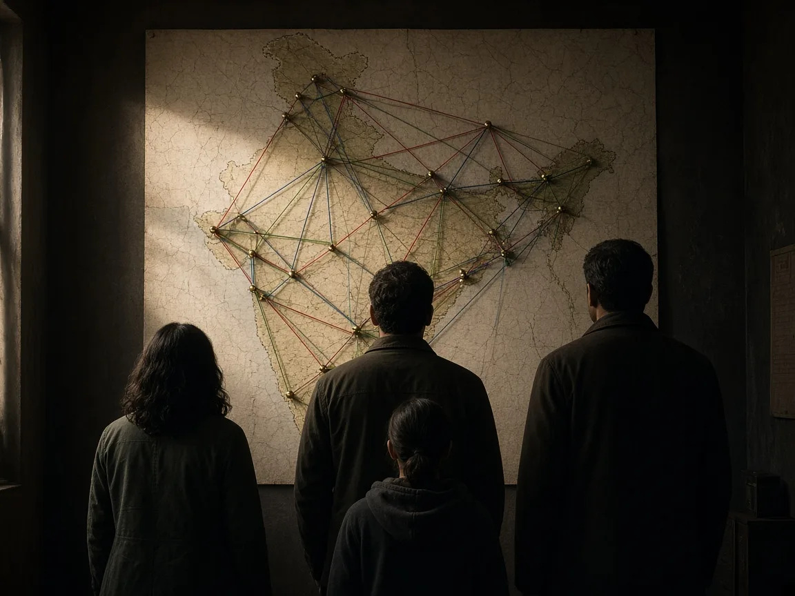 A team facing a wall map of India linked by strings for a franchise rollout