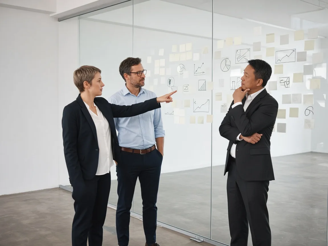 Three people reviewing charts and notes on a glass wall during a feasibility workshop