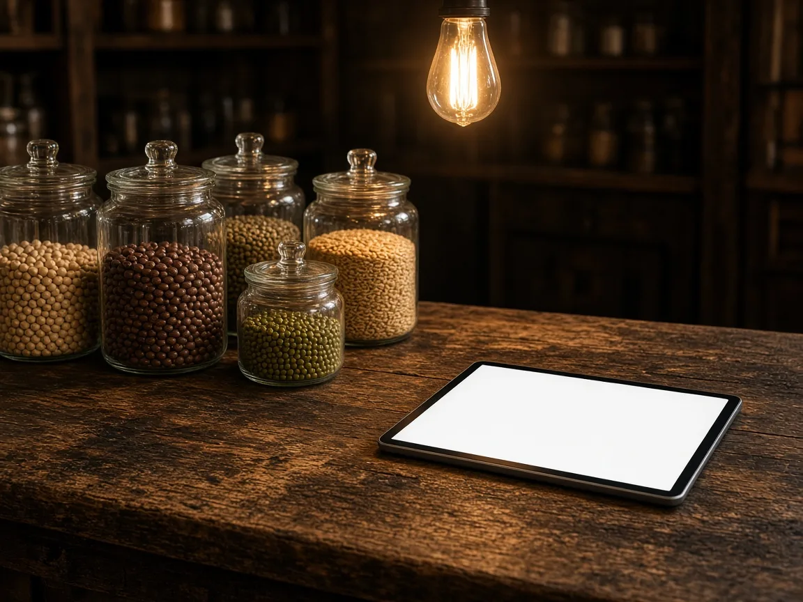 Glass jars of grain on a wooden counter beside a blank tablet