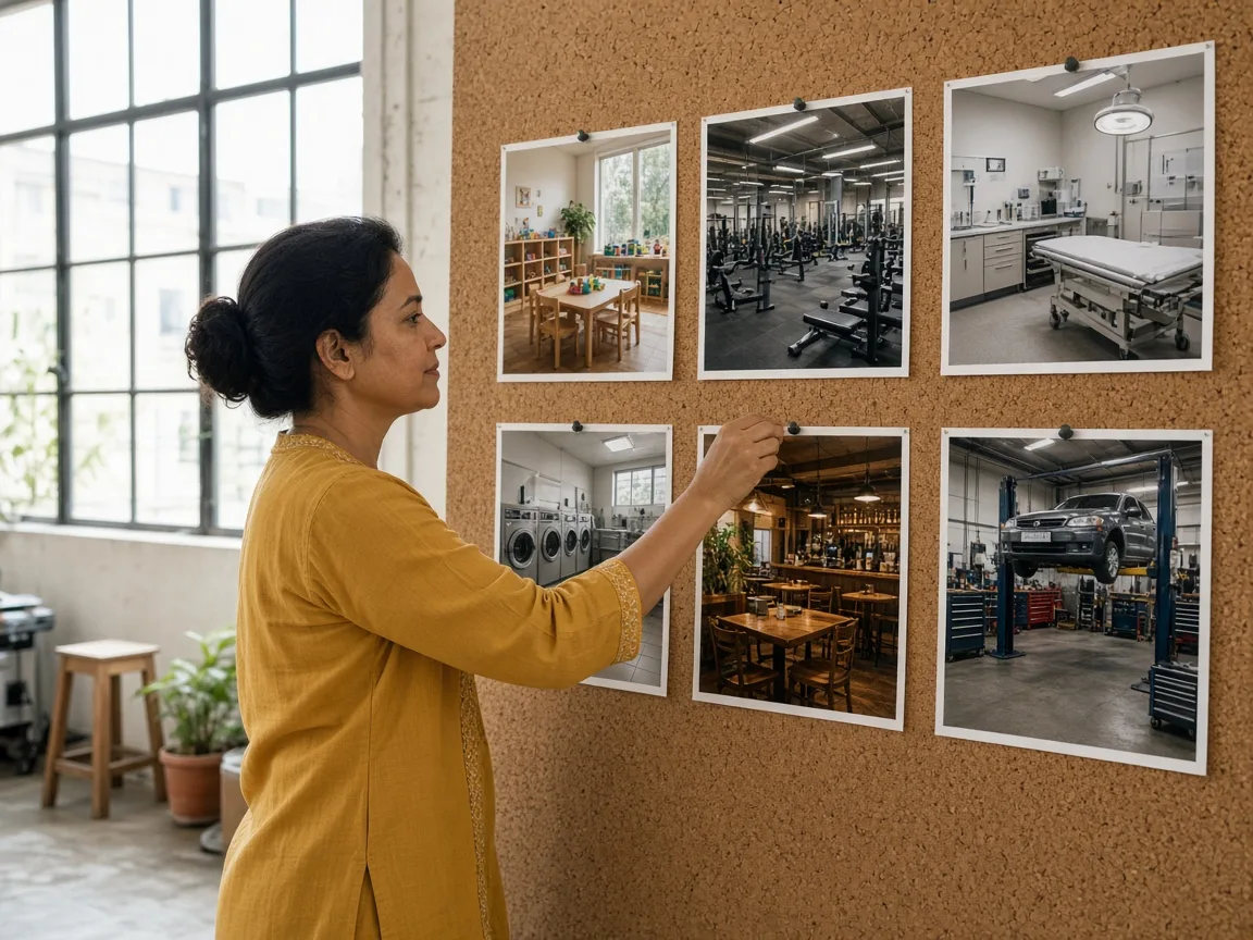 A cork wall of preschool, gym, clinic, laundry, restaurant and workshop photos