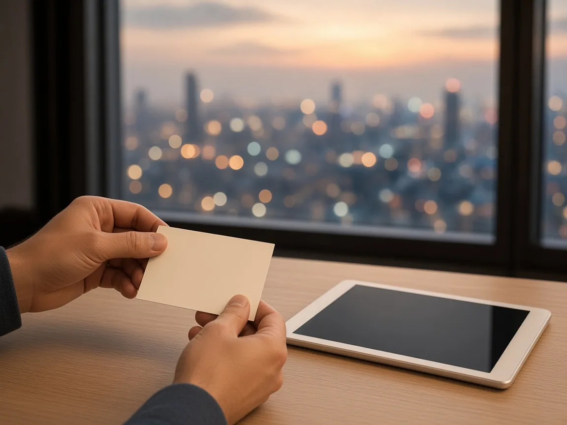 Hands holding a blank card beside a blank tablet, with the dusk city behind them