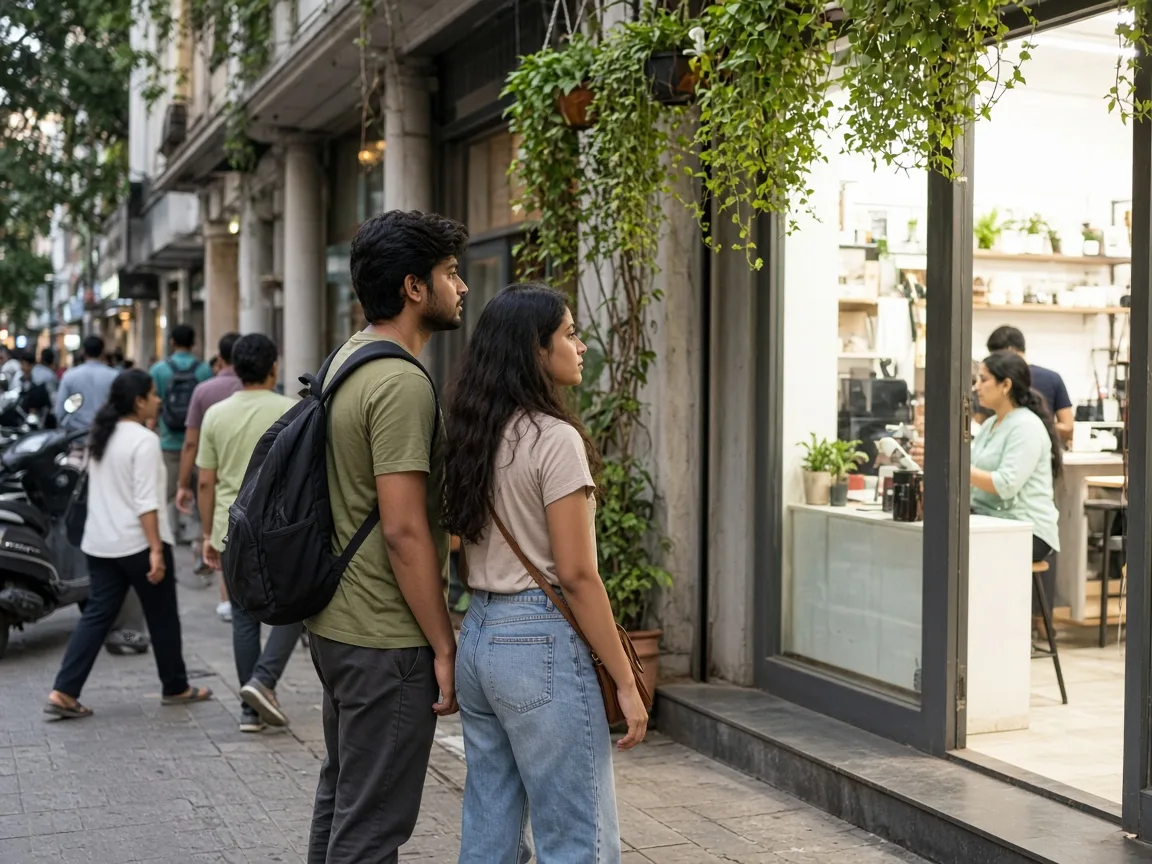A young couple looking into a cafe storefront on a busy shopping street