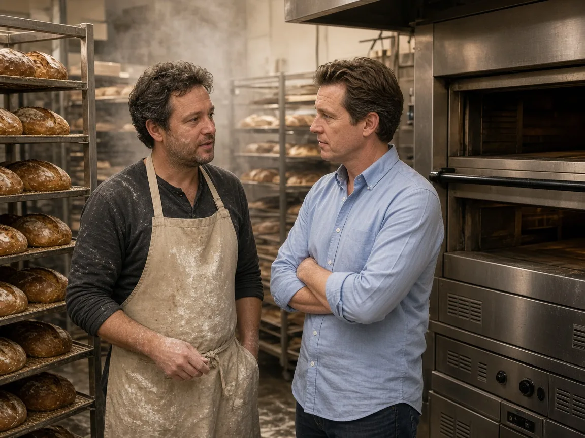 A baker and a consultant talking beside bread racks and an oven