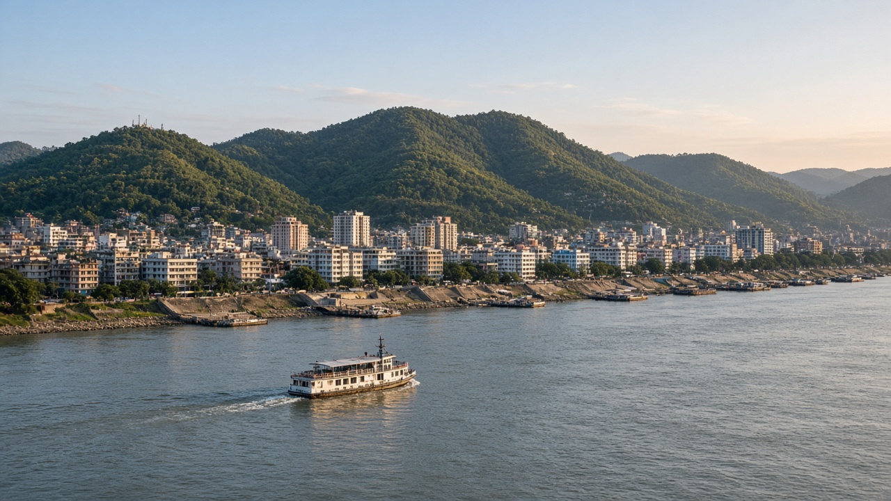 The Brahmaputra, Guwahati, and the hills behind the city