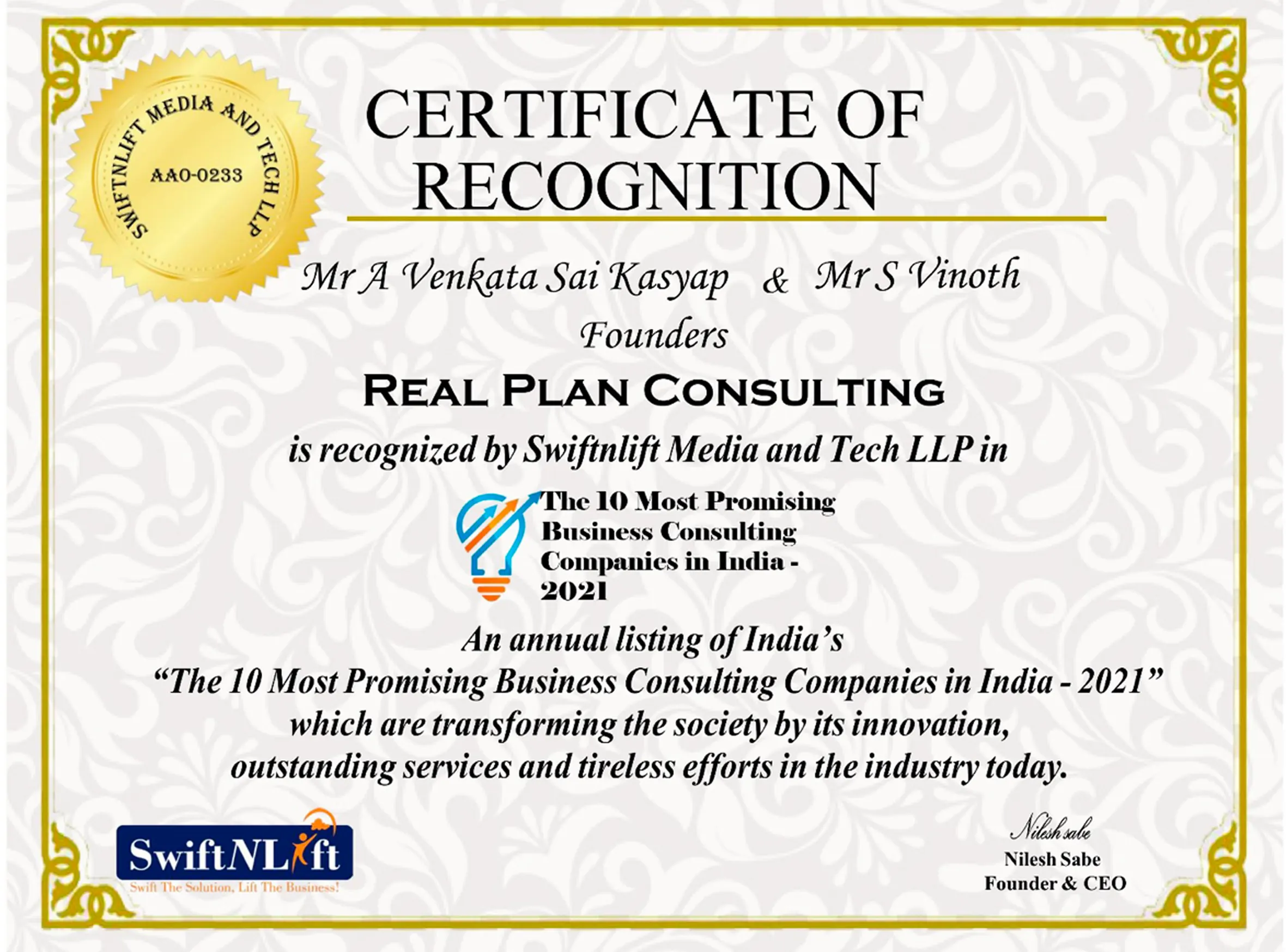 Real Plan Consulting award certificate
