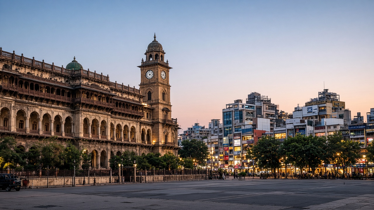 Rajwada and the commercial streets of Indore at dusk