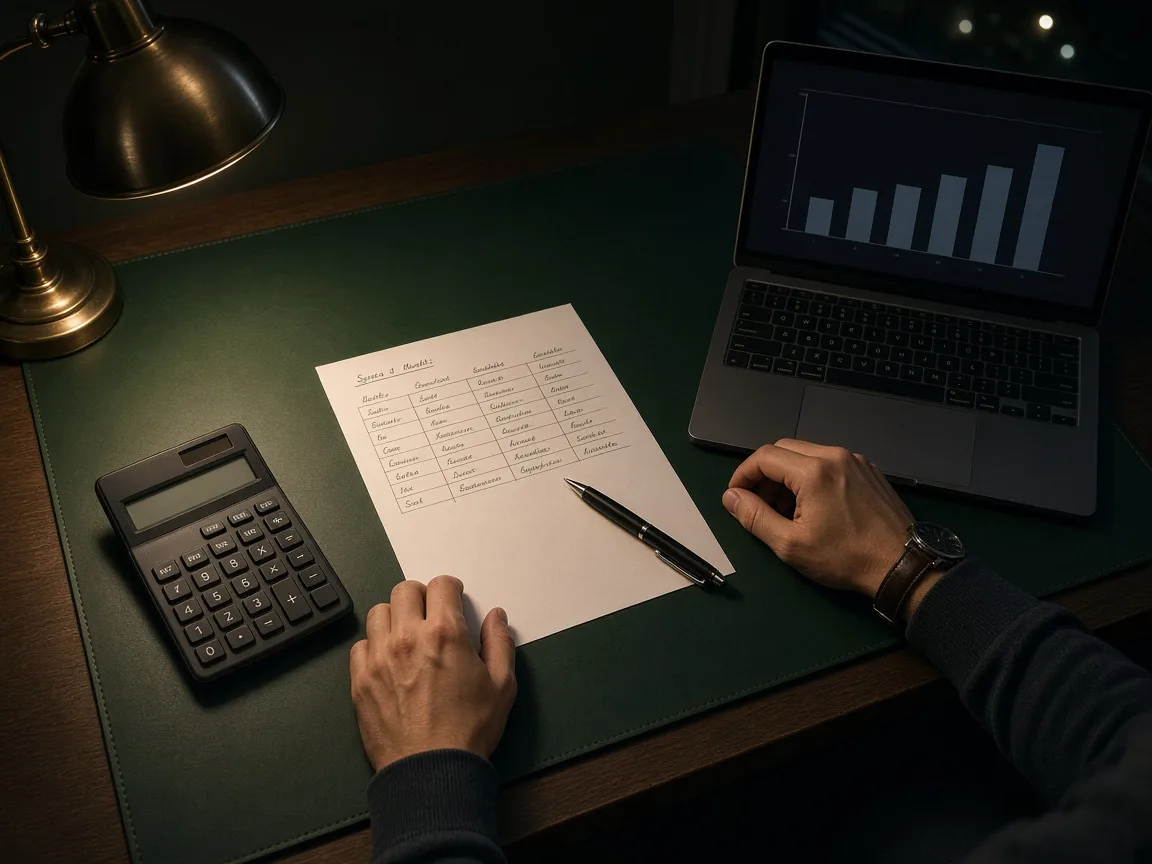 A desk lamp, calculator and bar chart used to review franchise investment costs