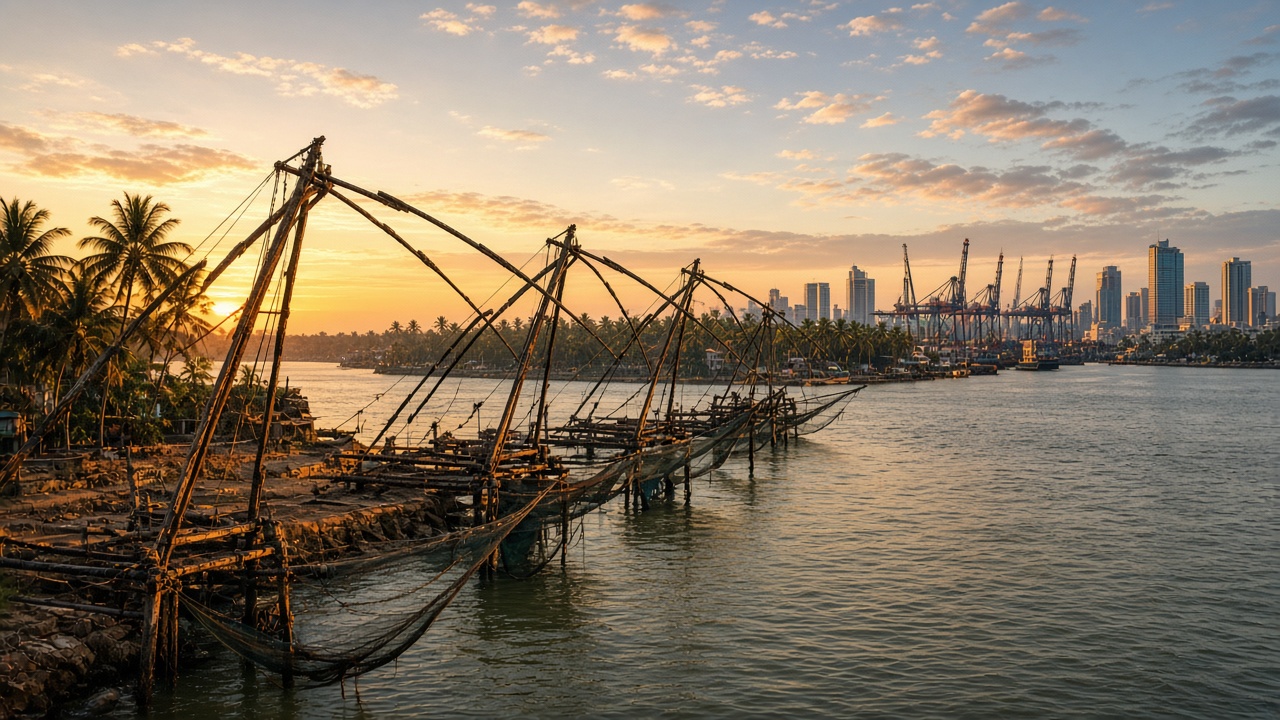 Chinese fishing nets at Fort Kochi with the port and skyline