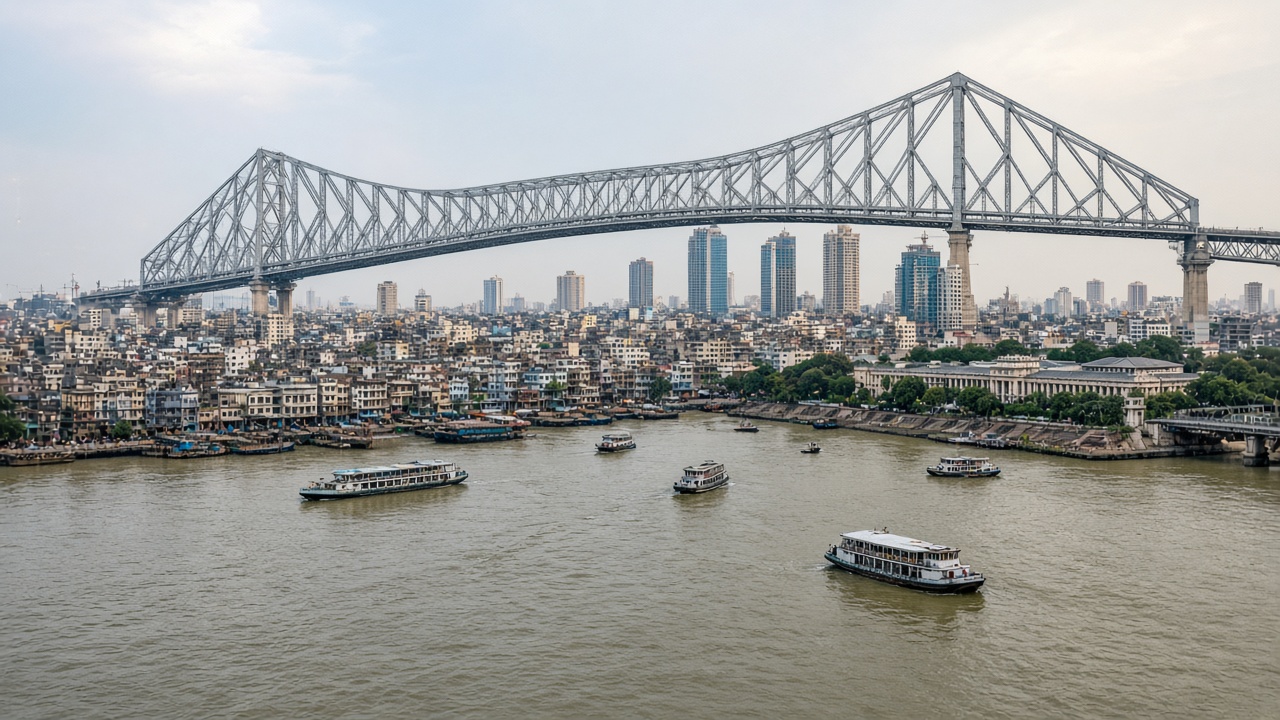 Howrah Bridge across the Hooghly and the Kolkata skyline