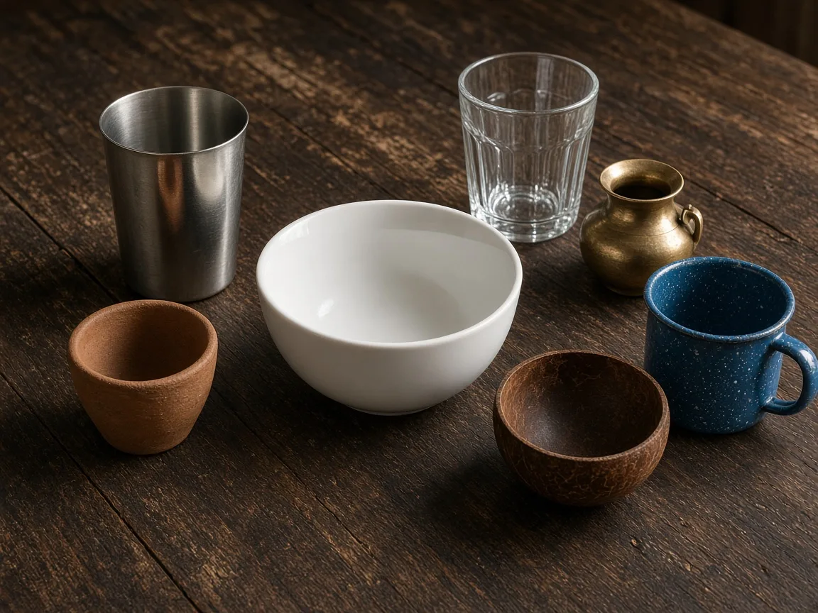 One white bowl surrounded by a steel tumbler, a clay cup, a glass, a brass pot, a coconut shell, and an enamel mug