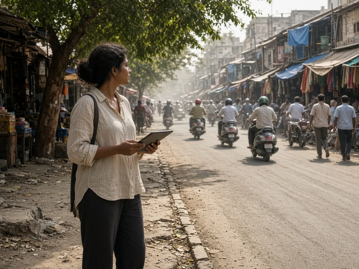 A researcher with a tablet watching foot traffic and scooters on a market street