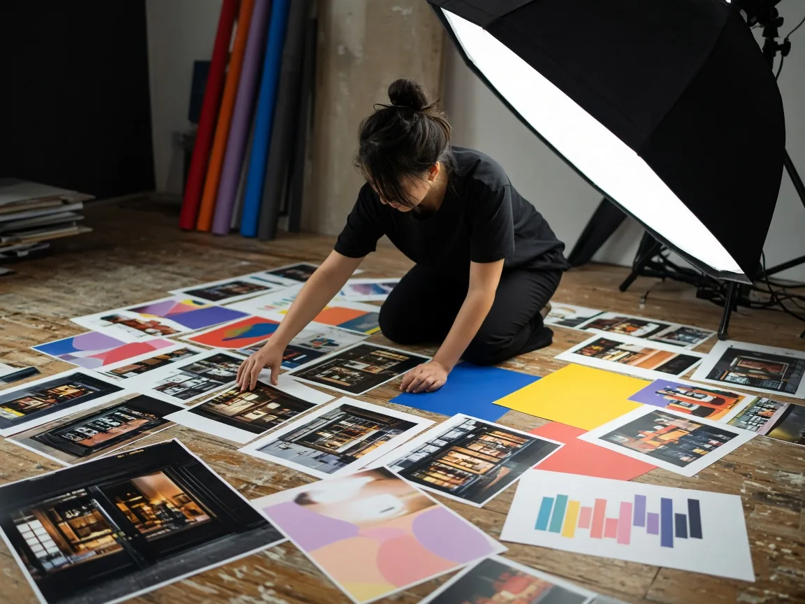 A designer arranging store photos and colour sheets on a studio floor