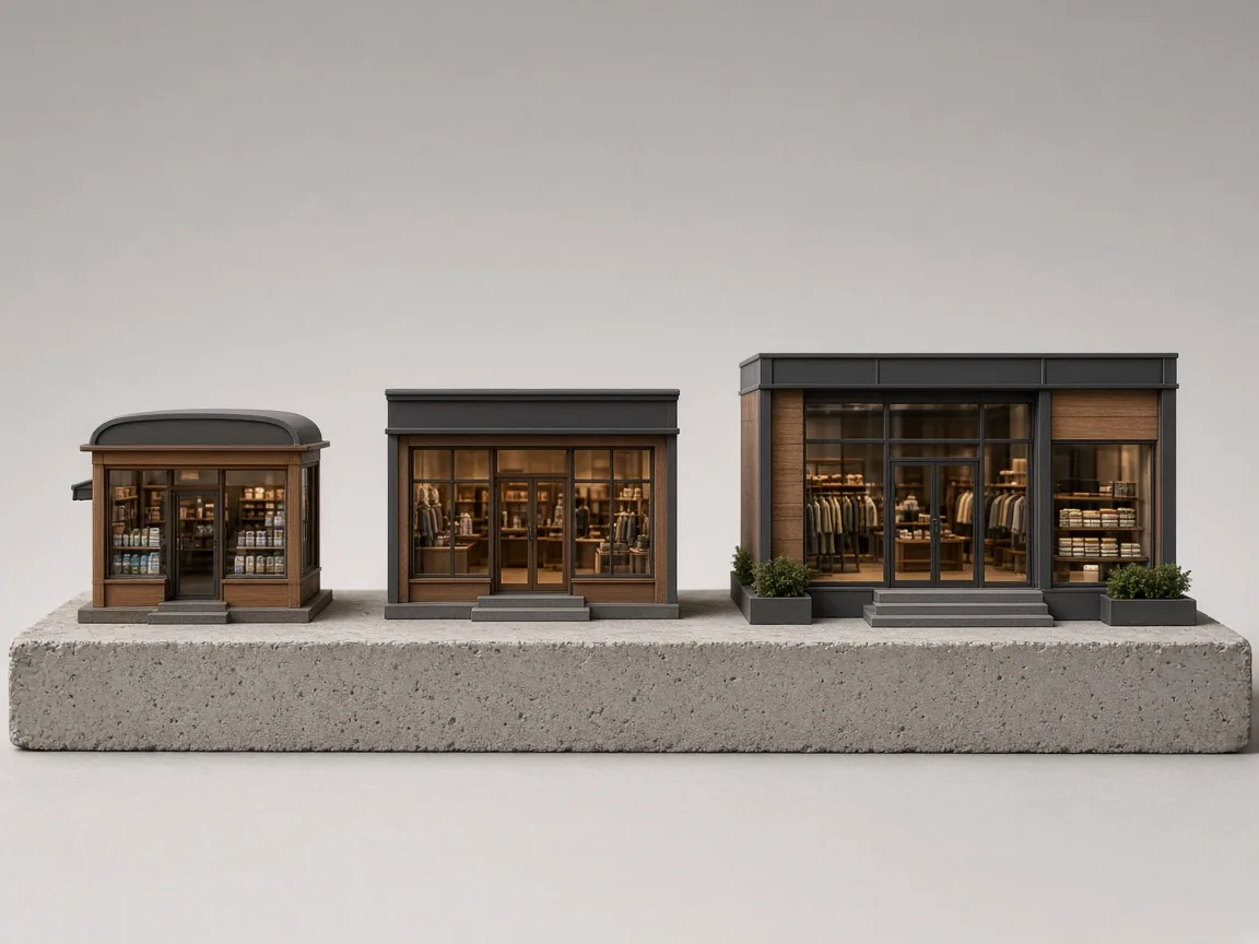 Three miniature storefronts, from a kiosk to a full shop, showing franchise formats