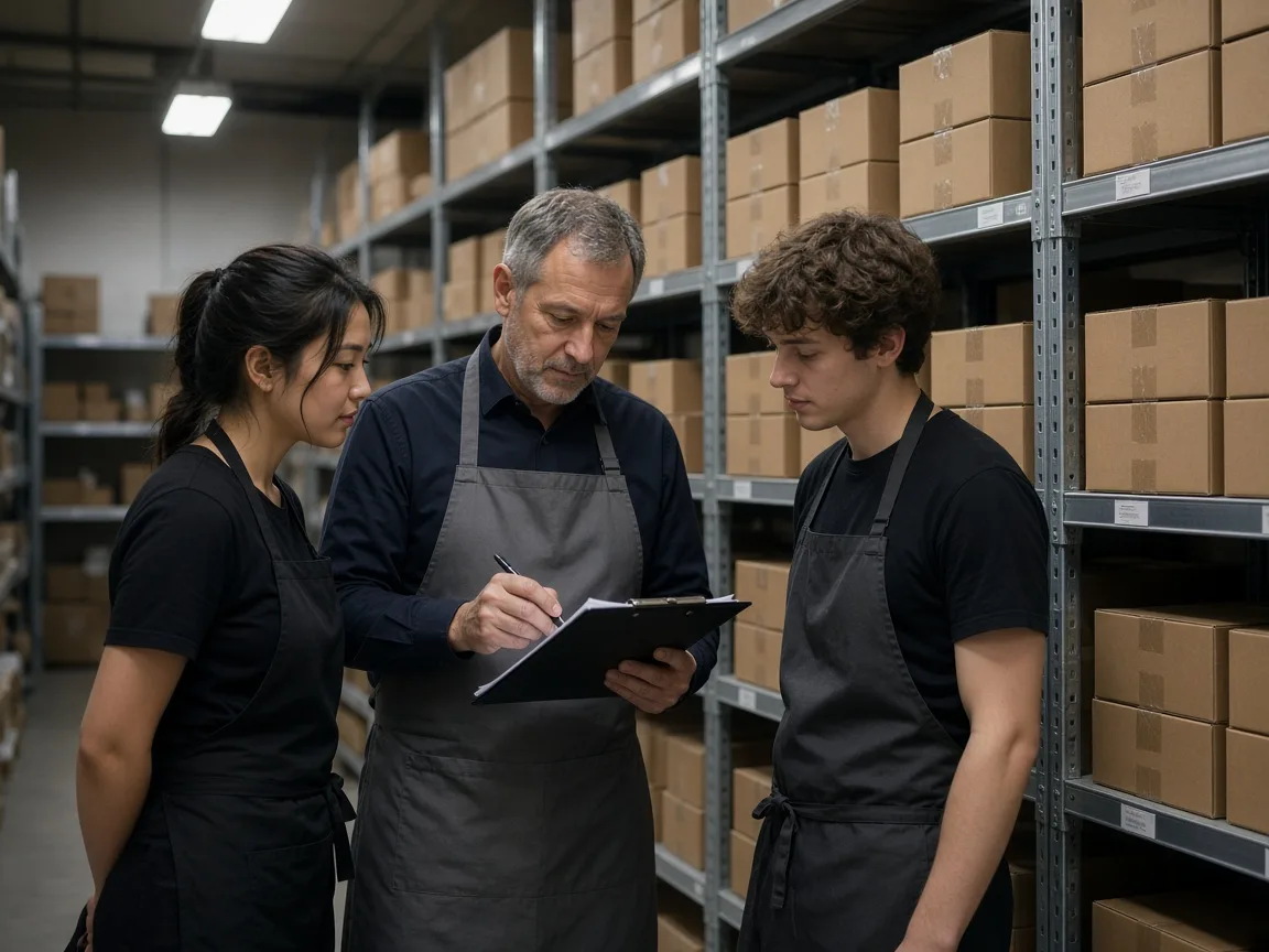 A trainer reviewing a checklist with two staff members in a stock room