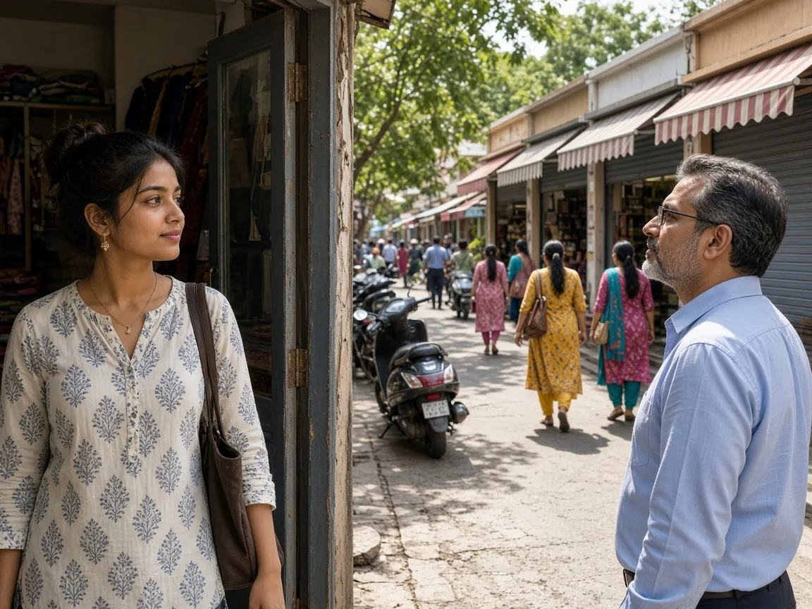 A shopkeeper in a single doorway and a businessman looking down a row of outlets