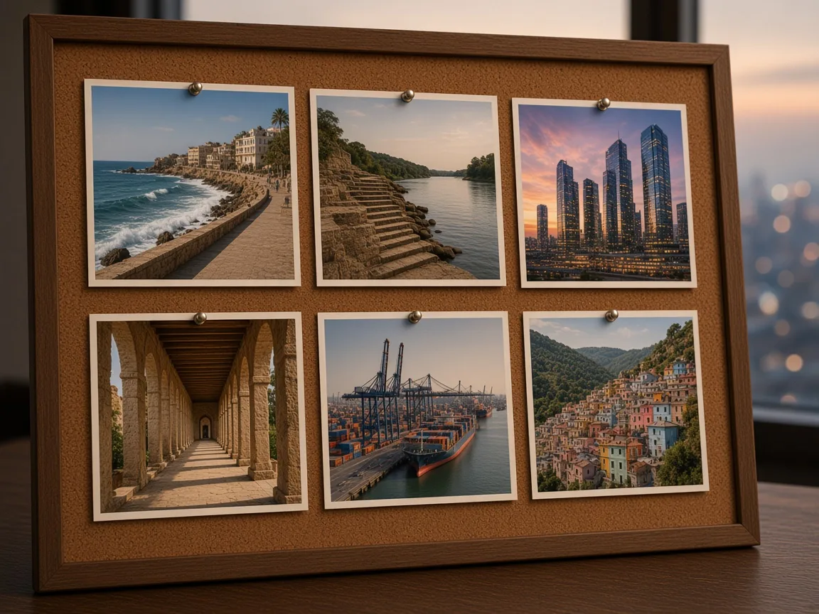 Six uncaptioned photographs of a coast, a river ghat, offices, a pillared street, a port, and a hill town