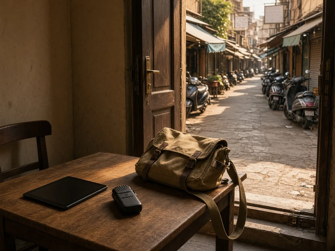 A field bag, blank tablet, and voice recorder on a table beside an open door onto a scooter lane