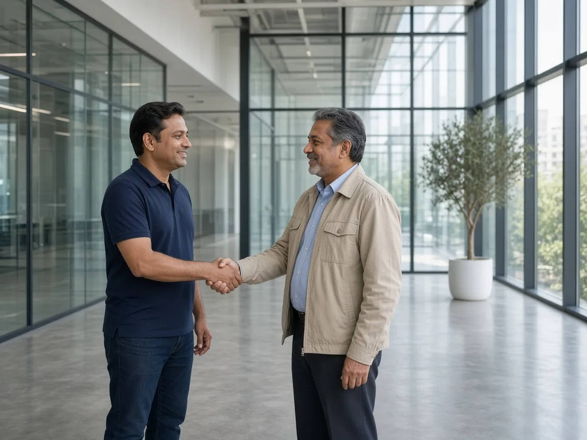 Two men shaking hands in a glass showroom while evaluating a franchise partnership