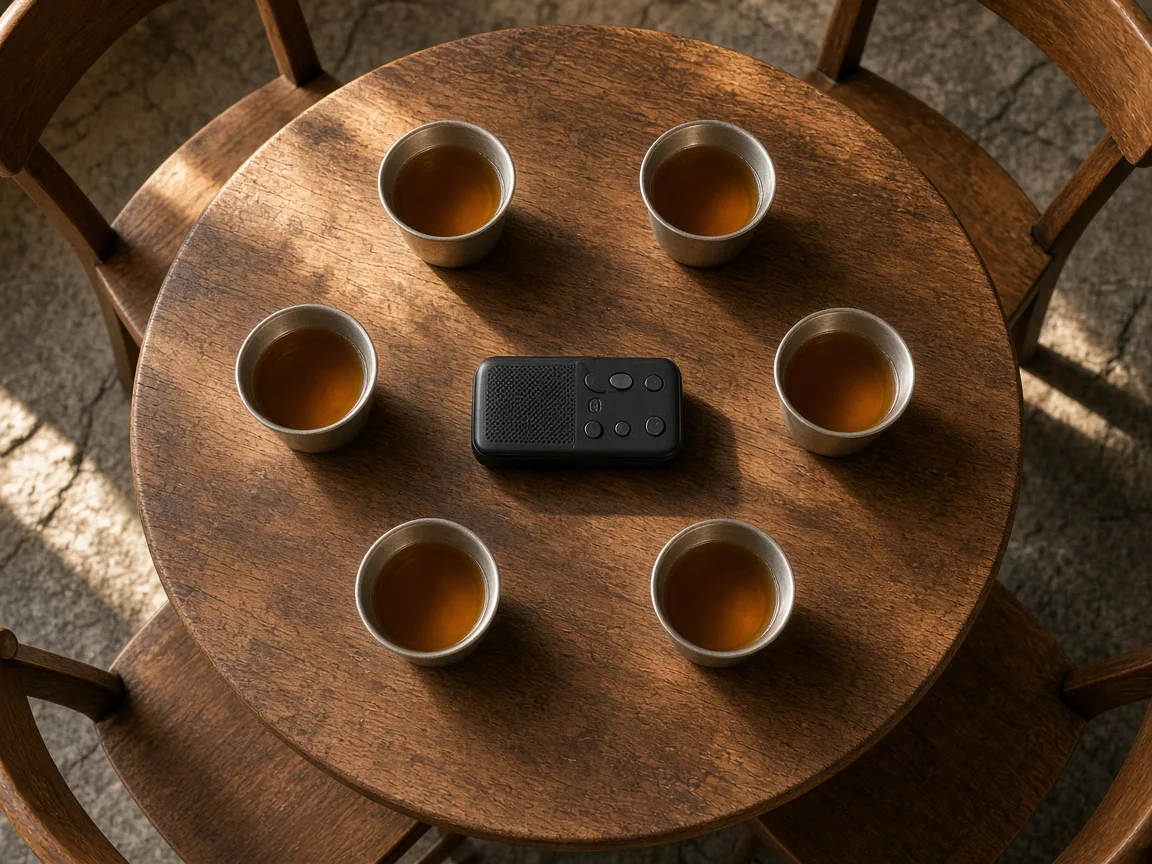 Six cups of tea and a voice recorder arranged for a focus group