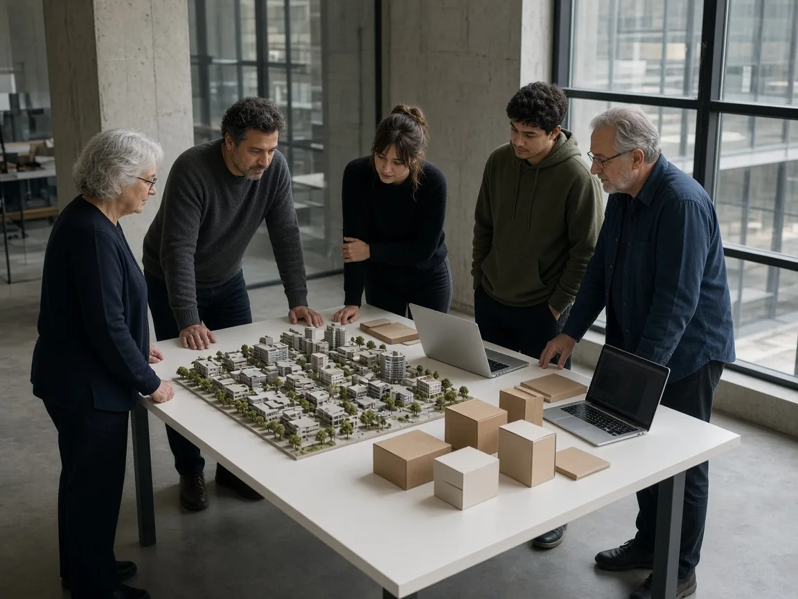 Five people standing around a white table with a city model and product boxes
