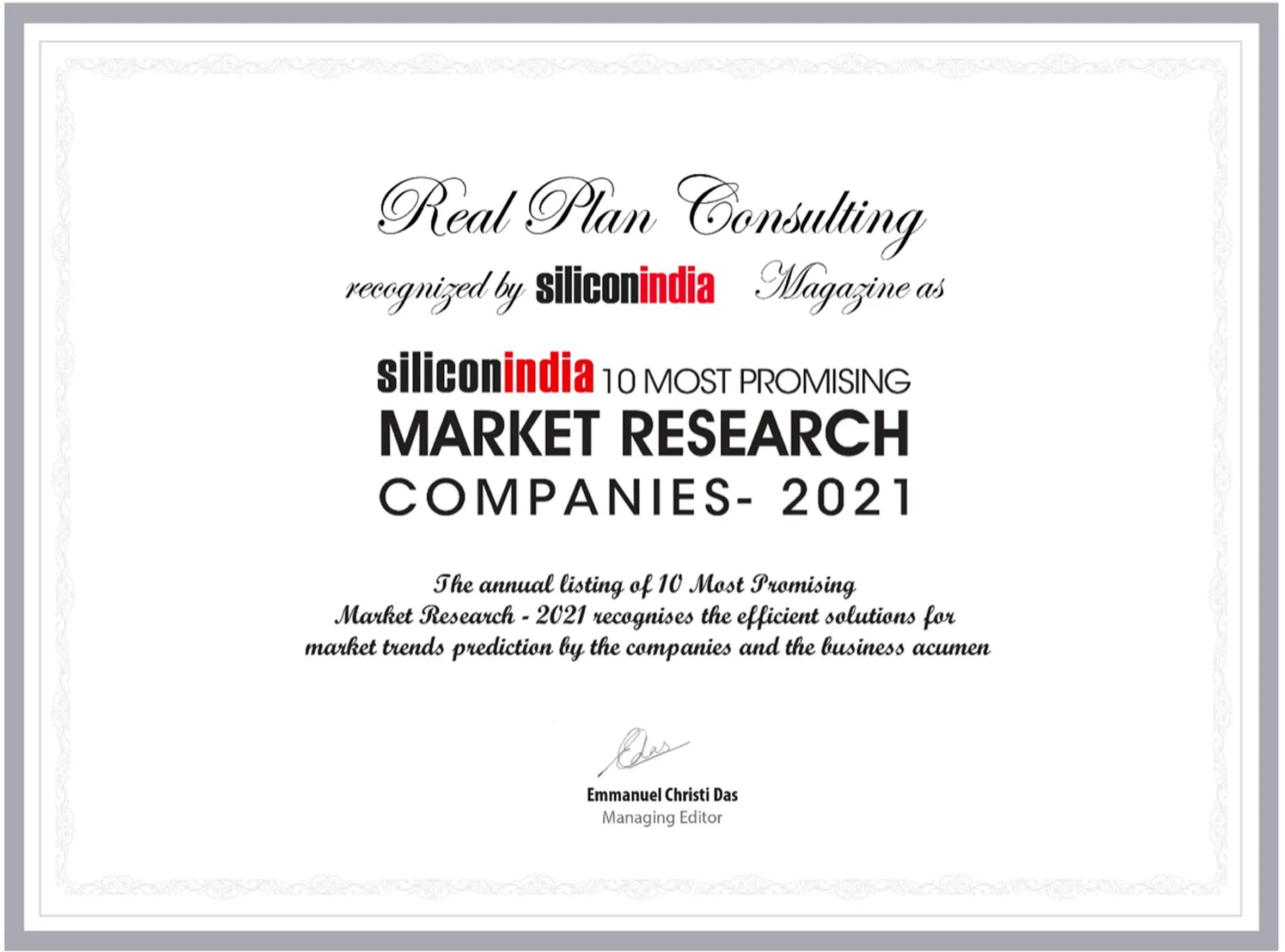 Real Plan Consulting award certificate