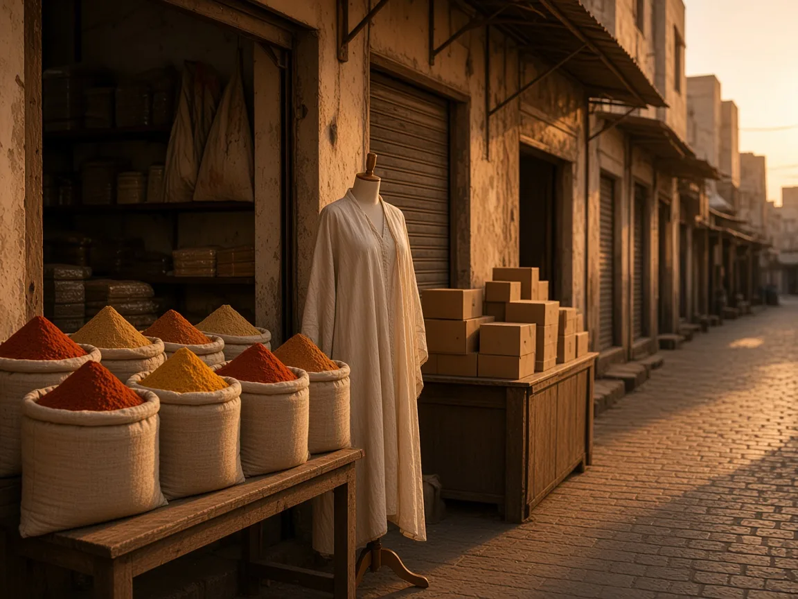 A spice stall, a sari on a mannequin, and an electronics counter under one metro pillar