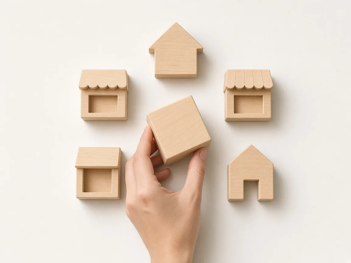 A hand placing a wooden block at the centre of small shop models