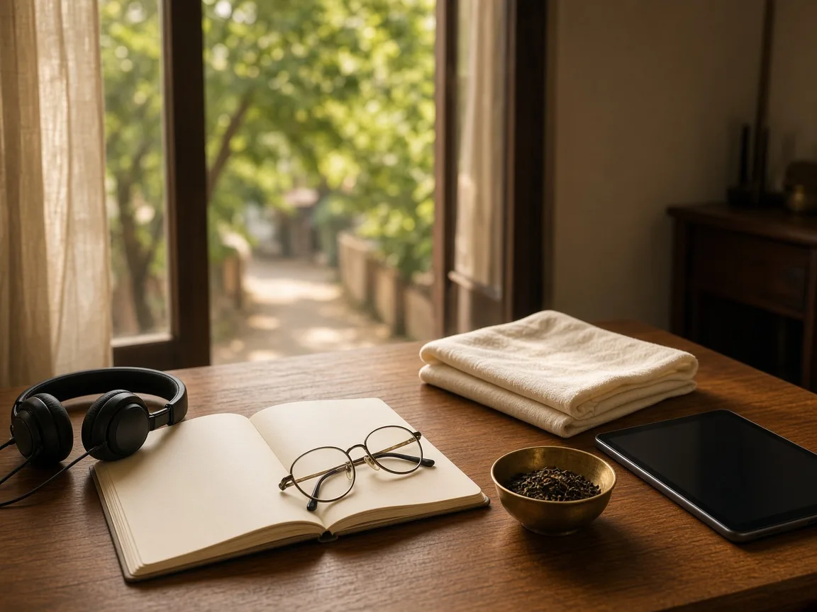 A headset and blank notebook beside a brass bowl of tea, folded cloth, and a blank tablet