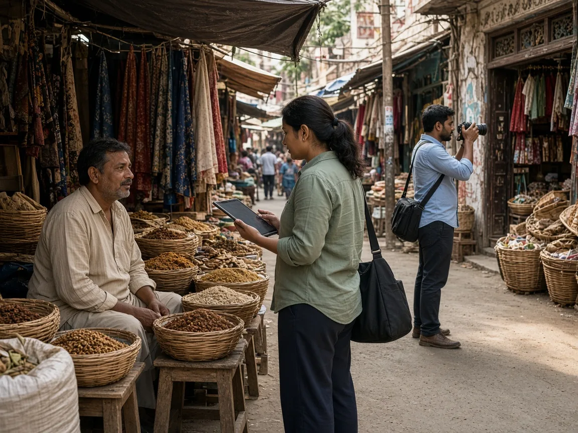 A field researcher interviewing a market shopkeeper while a colleague photographs a store